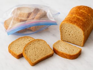 Kromki pszennego chleba na blacie kuchennym, ilustrujące proces pakowania pieczywa do zamrożenia