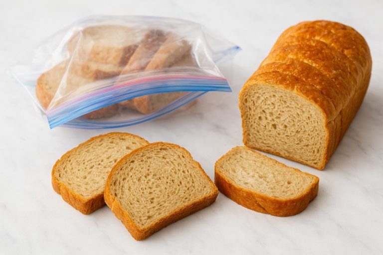 Kromki pszennego chleba na blacie kuchennym, ilustrujące proces pakowania pieczywa do zamrożenia