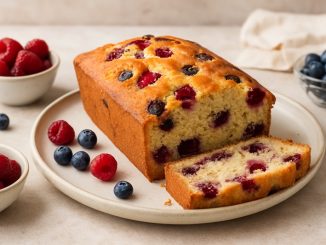 Świeżo upieczone ciasto z malinami i jagodami, pokrojone na kawałki, podane na talerzu z widocznymi owocami wokół.