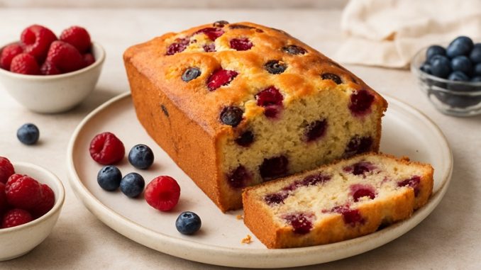 Świeżo upieczone ciasto z malinami i jagodami, pokrojone na kawałki, podane na talerzu z widocznymi owocami wokół.