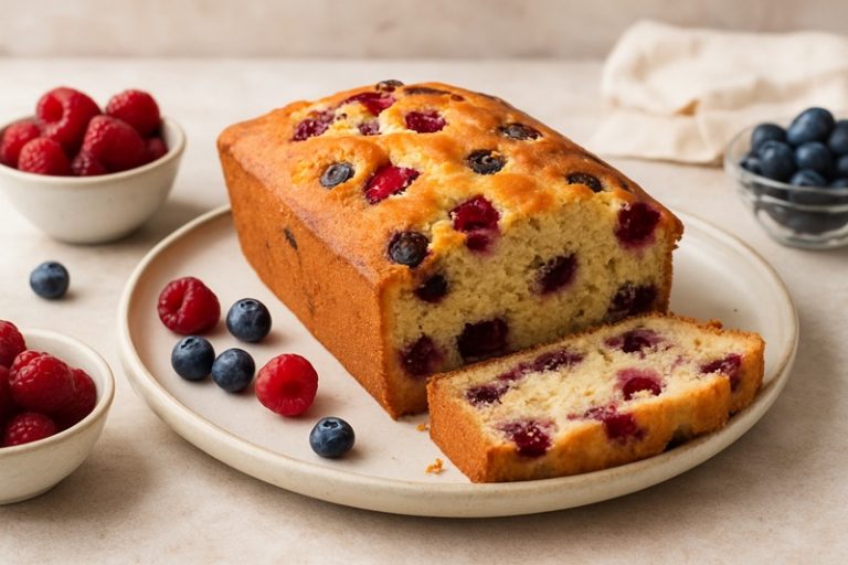 Świeżo upieczone ciasto z malinami i jagodami, pokrojone na kawałki, podane na talerzu z widocznymi owocami wokół.
