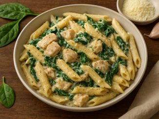 Kremowa potrawa z kurczakiem, szpinakiem i makaronem w jasnym sosie śmietanowym, podana na talerzu w domowej kuchni.