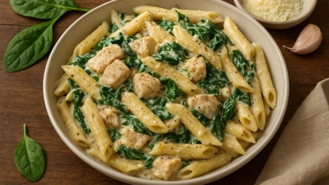 Kremowa potrawa z kurczakiem, szpinakiem i makaronem w jasnym sosie śmietanowym, podana na talerzu w domowej kuchni.