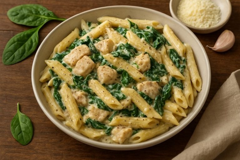 Kremowa potrawa z kurczakiem, szpinakiem i makaronem w jasnym sosie śmietanowym, podana na talerzu w domowej kuchni.
