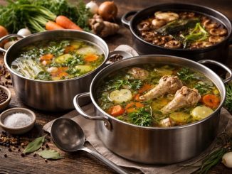 Domowe buliony warzywny, mięsny i ramenowy gotujące się w garnkach na drewnianym stole, otoczone świeżymi warzywami, ziołami i przyprawami