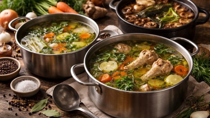 Domowe buliony warzywny, mięsny i ramenowy gotujące się w garnkach na drewnianym stole, otoczone świeżymi warzywami, ziołami i przyprawami