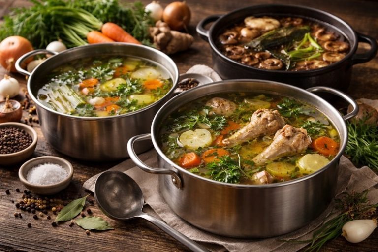 Domowe buliony warzywny, mięsny i ramenowy gotujące się w garnkach na drewnianym stole, otoczone świeżymi warzywami, ziołami i przyprawami