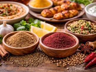 Przyprawy Bliskiego Wschodu na drewnianym stole – kumin, kolendra i sumak w miseczkach, obok hummus, grillowane mięso i świeże zioła