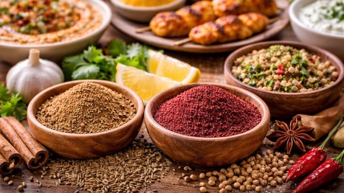 Przyprawy Bliskiego Wschodu na drewnianym stole – kumin, kolendra i sumak w miseczkach, obok hummus, grillowane mięso i świeże zioła