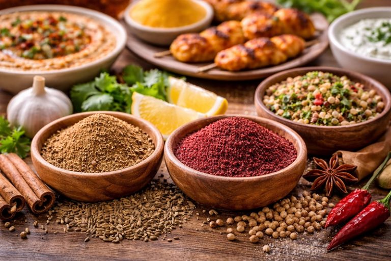 Przyprawy Bliskiego Wschodu na drewnianym stole – kumin, kolendra i sumak w miseczkach, obok hummus, grillowane mięso i świeże zioła