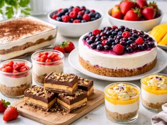 Różnorodne desery bez pieczenia na jasnym blacie kuchennym – sernik na zimno, desery warstwowe w szklankach, czekoladowe batoniki i owoce