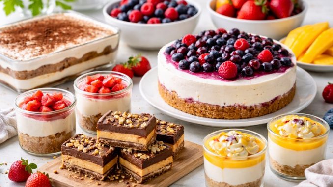 Różnorodne desery bez pieczenia na jasnym blacie kuchennym – sernik na zimno, desery warstwowe w szklankach, czekoladowe batoniki i owoce