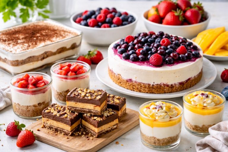 Różnorodne desery bez pieczenia na jasnym blacie kuchennym – sernik na zimno, desery warstwowe w szklankach, czekoladowe batoniki i owoce