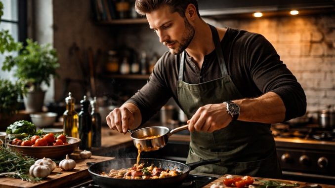gotowanie z charakterem – mężczyzna w fartuchu przygotowujący danie na patelni w domowej kuchni, świeże składniki i ciepłe światło