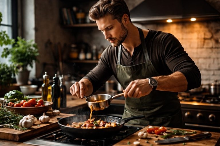 gotowanie z charakterem – mężczyzna w fartuchu przygotowujący danie na patelni w domowej kuchni, świeże składniki i ciepłe światło