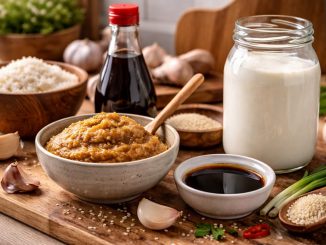 Produkty fermentowane w kuchni – miso, sos sojowy i kefir na drewnianym blacie kuchennym