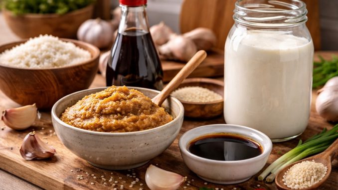 Produkty fermentowane w kuchni – miso, sos sojowy i kefir na drewnianym blacie kuchennym