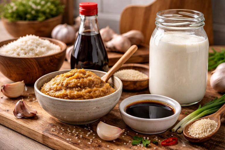 Produkty fermentowane w kuchni – miso, sos sojowy i kefir na drewnianym blacie kuchennym