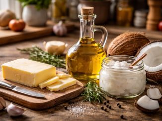 tłuszcze w kuchni masło oliwa i olej kokosowy przygotowane do gotowania na drewnianym blacie