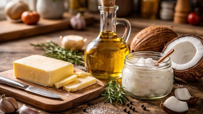 tłuszcze w kuchni masło oliwa i olej kokosowy przygotowane do gotowania na drewnianym blacie