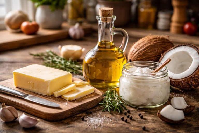 tłuszcze w kuchni masło oliwa i olej kokosowy przygotowane do gotowania na drewnianym blacie