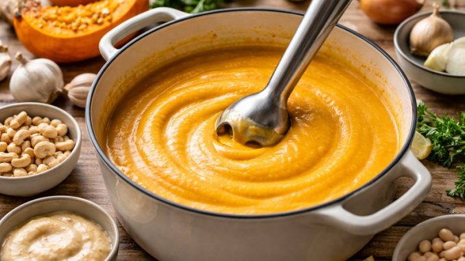 zupy kremy bez śmietany miksowane blenderem w garnku z pieczonej dyni