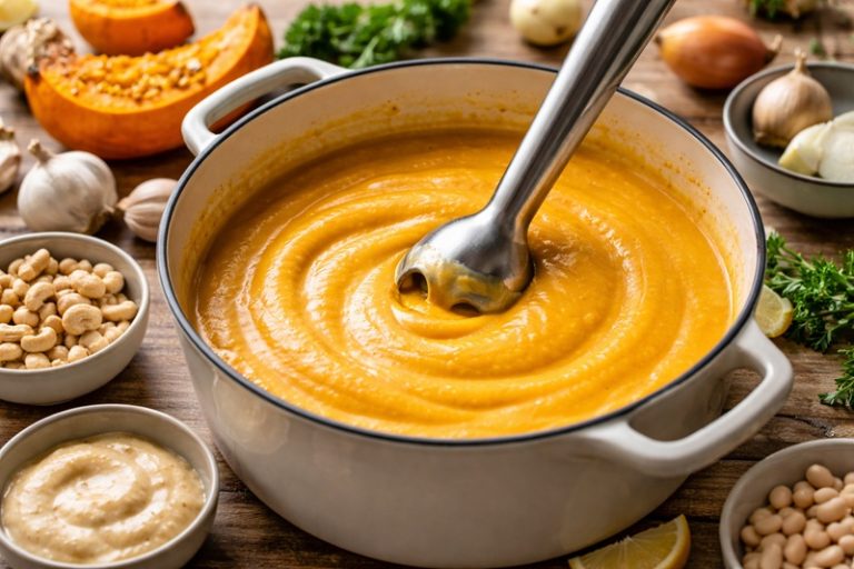 zupy kremy bez śmietany miksowane blenderem w garnku z pieczonej dyni