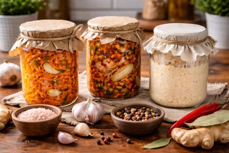 fermentacja w domowej kuchni z kiszoną marchewką kimchi i zakwasem w szklanych słoikach na drewnianym stole