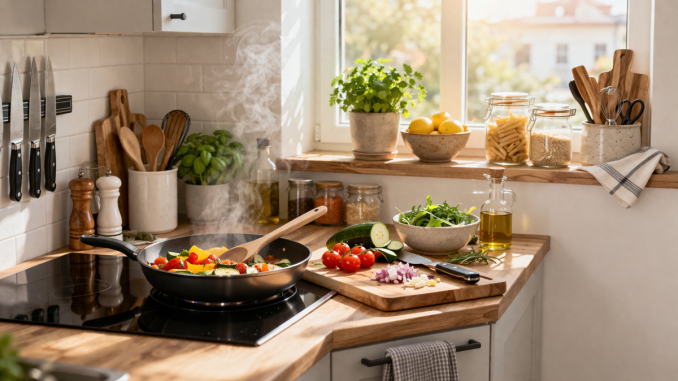 Nowoczesna mała kuchnia z przygotowywanym posiłkiem i świeżymi warzywami na blacie