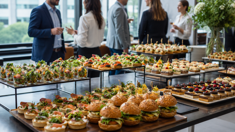 Nowoczesny catering i finger food na imprezie firmowej z eleganckimi przekąskami bankietowym