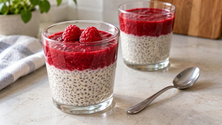 Pudding chia z musem malinowym i świeżymi malinami w dwóch szklankach