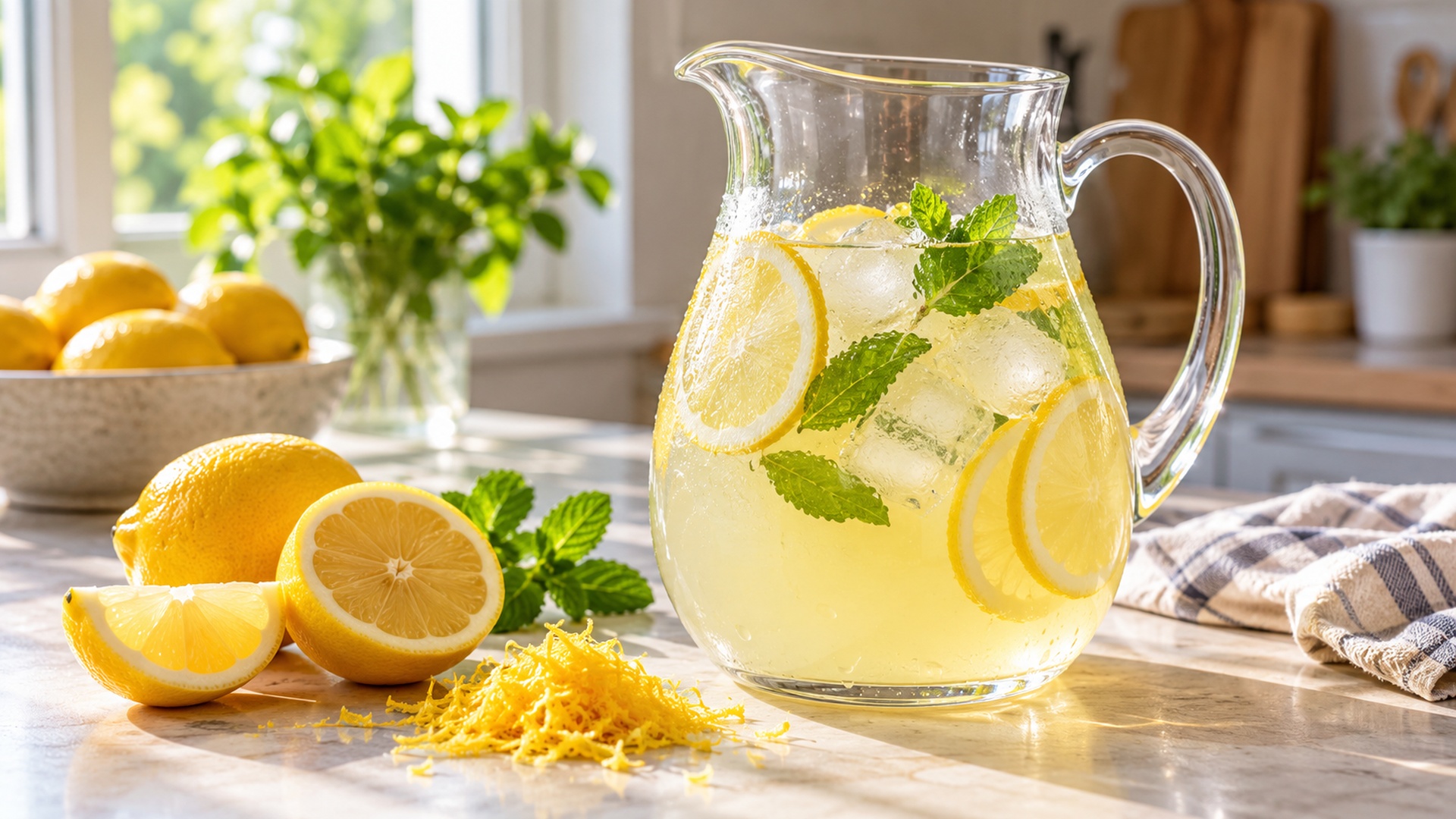 Domowa lemoniada cytrynowa z lodem, plasterkami cytryny i świeżą miętą