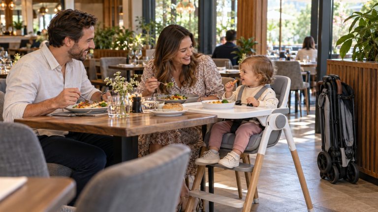 Restauracja z małym dzieckiem przy stoliku z krzesełkiem do karmienia